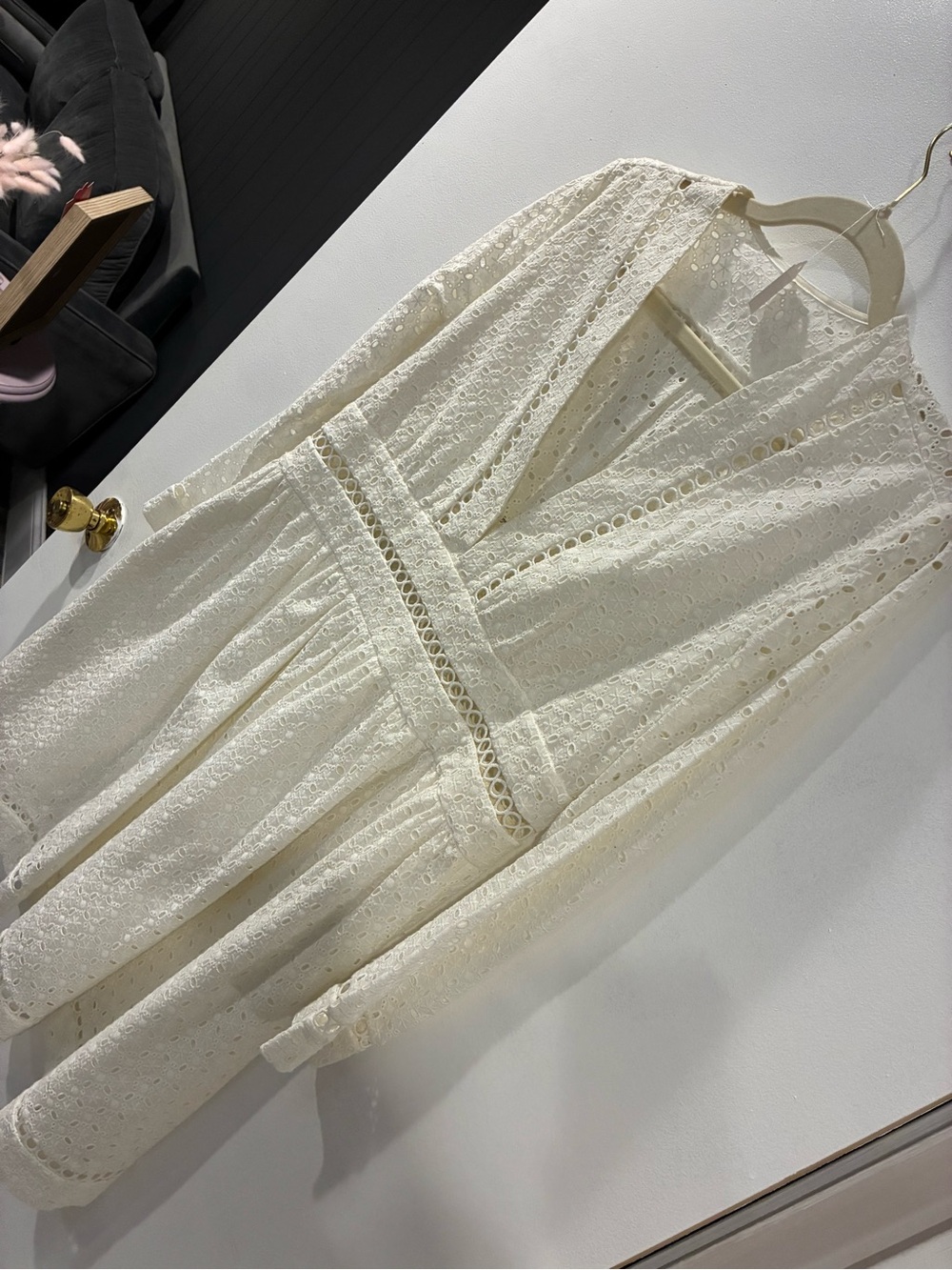 Cream Lace Long Sleeve V-Neck Dress